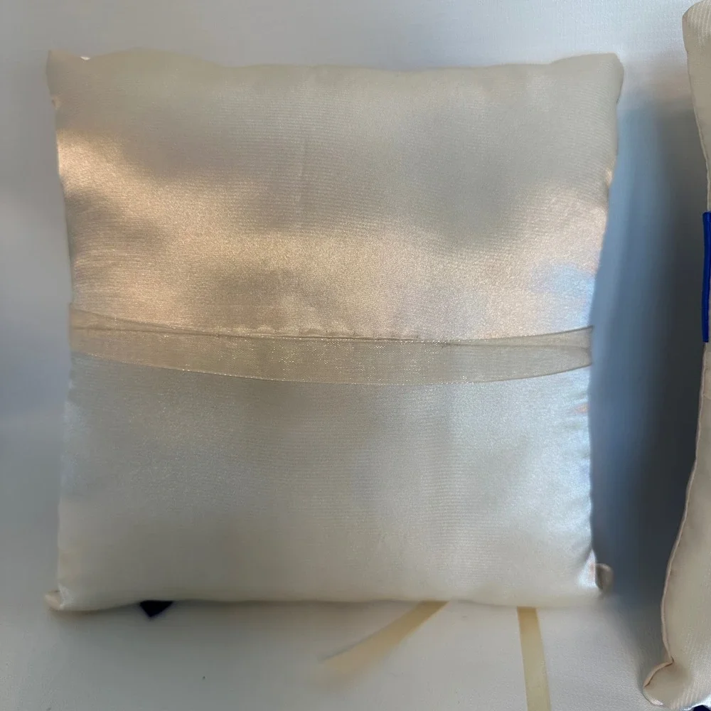 Wedding Ring‎ Bearer Pillow Ivory Satin Royal Blue Ribbon Bow Set of 2
